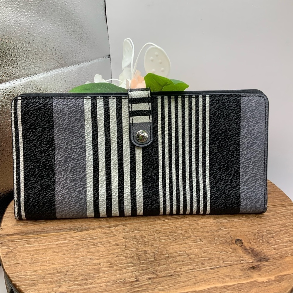 Vera Bradley Midnight Black White Gray Stripe Slim Travel Organizer Wallet